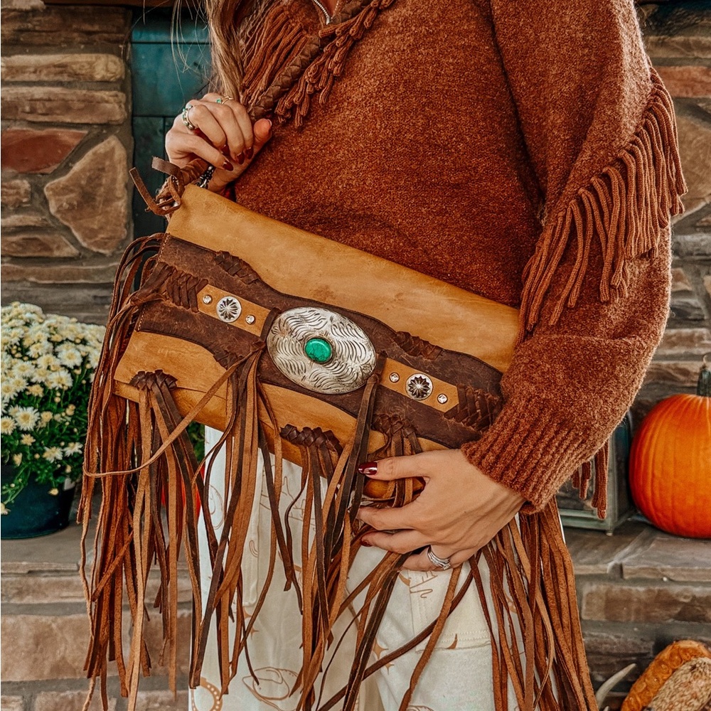 American Darling Tan and Brown Fringe Clutch